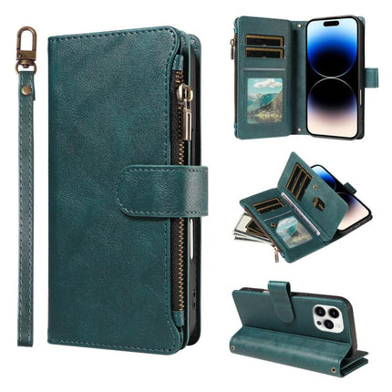 P03 Imitation Calf Leather 9 Card Slots Zipper Phone Case with Wrist Strap, For iPhone 15, For iPhone 14 Plus, For iPhone 14 / 13, For iPhone 14 Pro