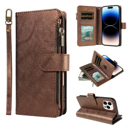 P03 Imitation Calf Leather 9 Card Slots Zipper Phone Case with Wrist Strap, For iPhone 15, For iPhone 14 Plus, For iPhone 14 / 13, For iPhone 14 Pro