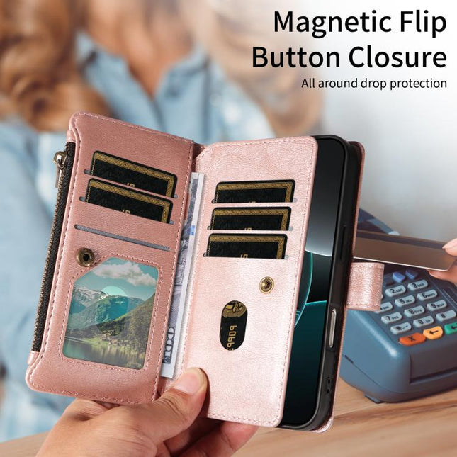 P03 Imitation Calf Leather 9 Card Slots Zipper Phone Case with Wrist Strap, For iPhone 14 Pro Max, For iphone 6 / 7 / 8 / SE2 2020 / SE3 2022, For iPhone 13 Pro Max, For iPhone 13 Pro