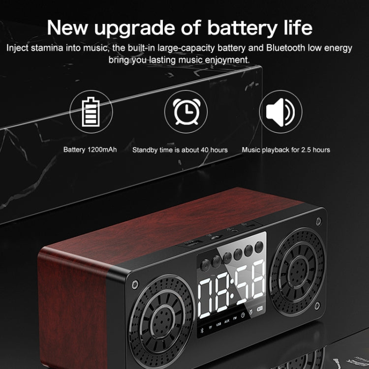 A10 Subwoofer Wooden Clock Bluetooth 5.0 Speaker, Support TF Card & U Disk Play & FM Radio