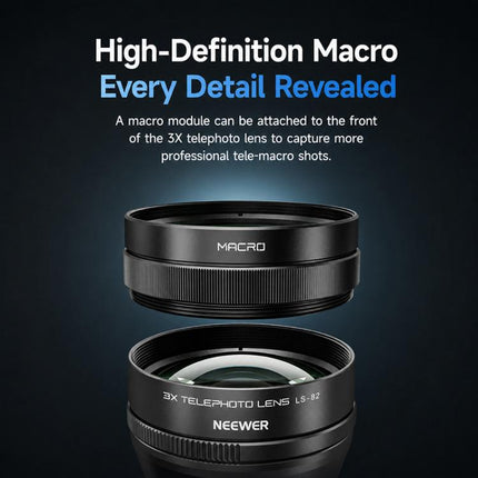 NEEWER 3X Phone Telephoto Lens, without Macro Lens, with Macro Lens, Universal Clip For 17mm Threaded Lens, LS-89 Upgraded Version