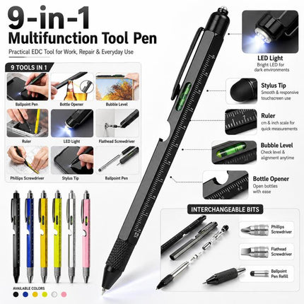 9-in-1 Multifunctional Tool Pen Bottle Opener Metal Ballpoint Pen