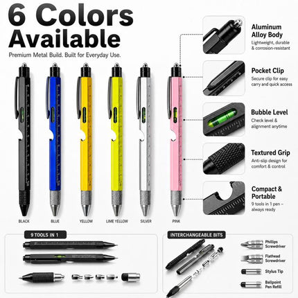 9-in-1 Multifunctional Tool Pen Bottle Opener Metal Ballpoint Pen
