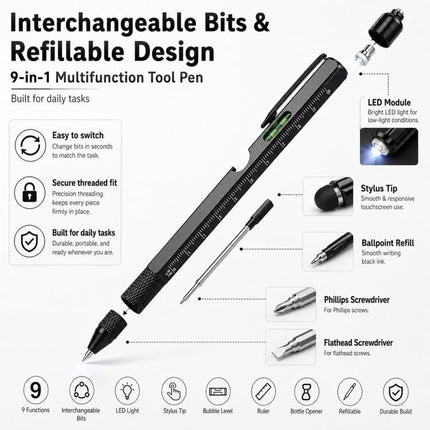 9-in-1 Multifunctional Tool Pen Bottle Opener Metal Ballpoint Pen