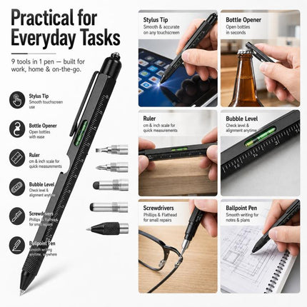 9-in-1 Multifunctional Tool Pen Bottle Opener Metal Ballpoint Pen