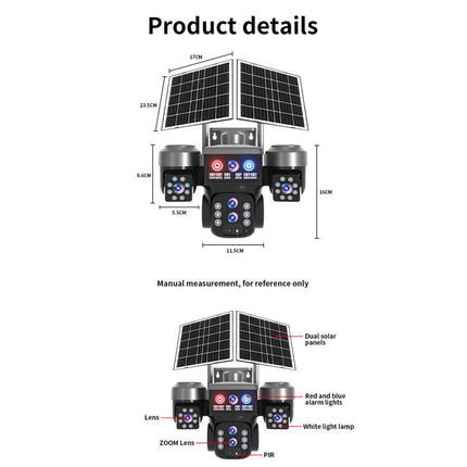 V380 Outdoor Triple-Lens Security Camera 360 PTZ Panoramic View Camera with Dual Solar Panels, 4G Version, WiFi Version