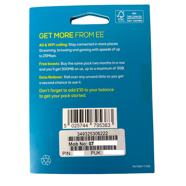 EE Pay As You Go Sim Card - £10 Subscription Pack