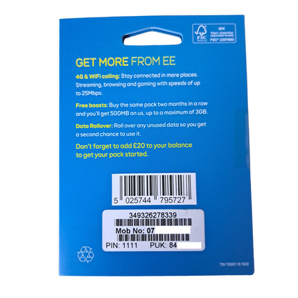 EE Pay As You Go Sim Card - £20 Subscription Pack