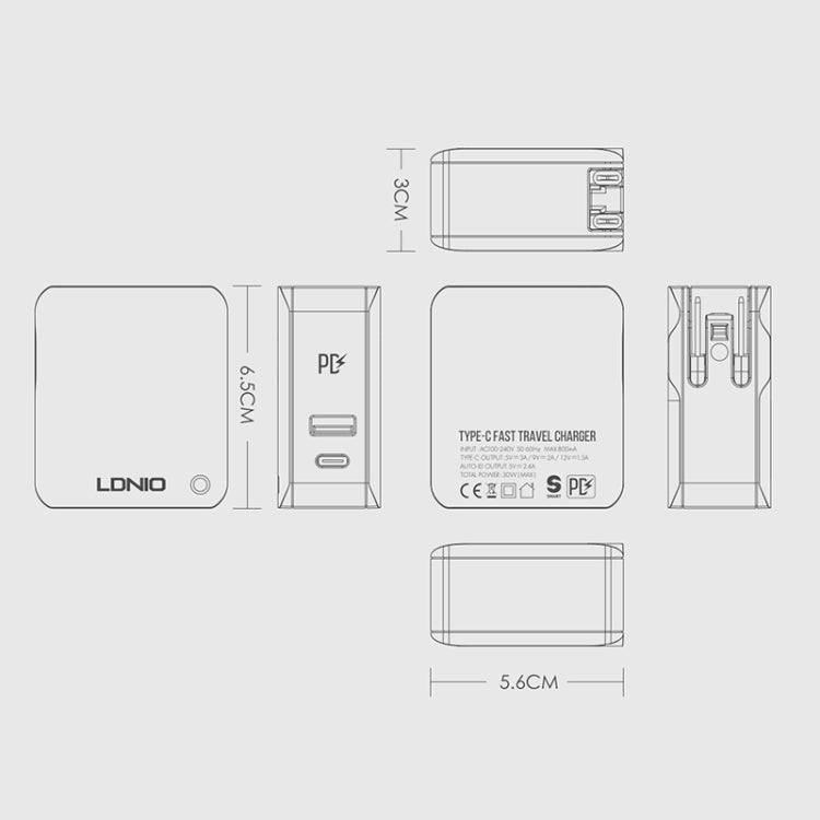 LDNIO A4403C 30W PD + Auto-id Foldable Fast Travel Charger with 1m 8 Pin Cable, AU Plug, with 8 Pin Cable, 30W with 8 Pin Cable