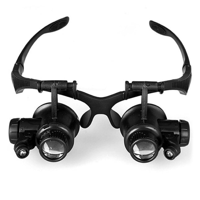 10X 15X 20X 25X Double Eye Glasses Lens Jeweler Watch Repair Head Magnifier with 2 LED Lights(Black), 10X/15X/20X/25X