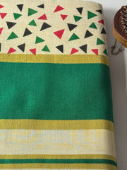 Traditional Kerala Cotton Onam Saree with Geometric Print & Green Kasavu Border S109