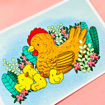 Mother Hen Spring Illustrated Signed Mini Art Print