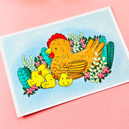 Mother Hen Spring Illustrated Signed Mini Art Print