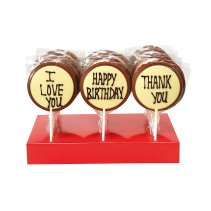 Hand decorated milk chocolate message lollies - Thank You, Happy Birthday, I Love You