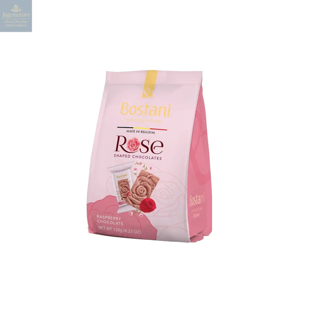 Gift bag of individually wrapped rose shaped raspberry flavour chocolates