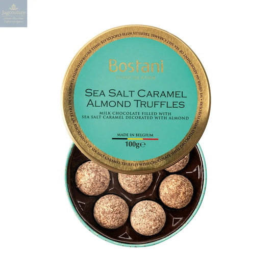 Gift tin of sea salt caramel almond milk chocolate truffles rolled in almond flavour powder - 11 x 3.6cm
