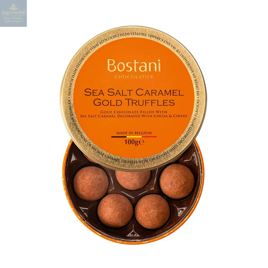 Gift tin of sea salt caramel gold chocolate truffles rolled in cocoa and coffee flavour powder - 11 x 3.6cm