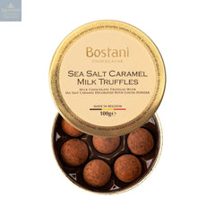 Gift tin of sea salt caramel milk chocolate truffles rolled in cocoa powder - 11 x 3.6cm