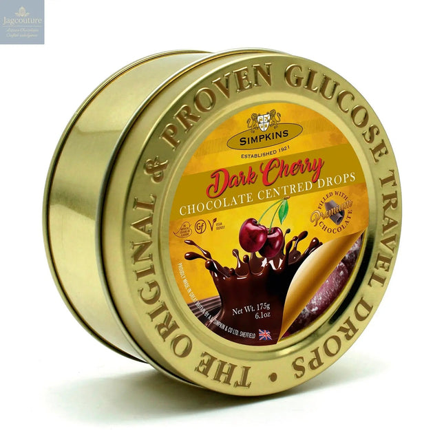 Gold embossed tin of chocolate centred cherry travel sweets