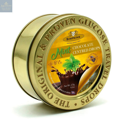 Gold embossed tin of chocolate centred mint travel sweets