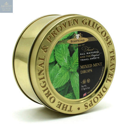 Gold embossed tin of mint flavour travel sweets