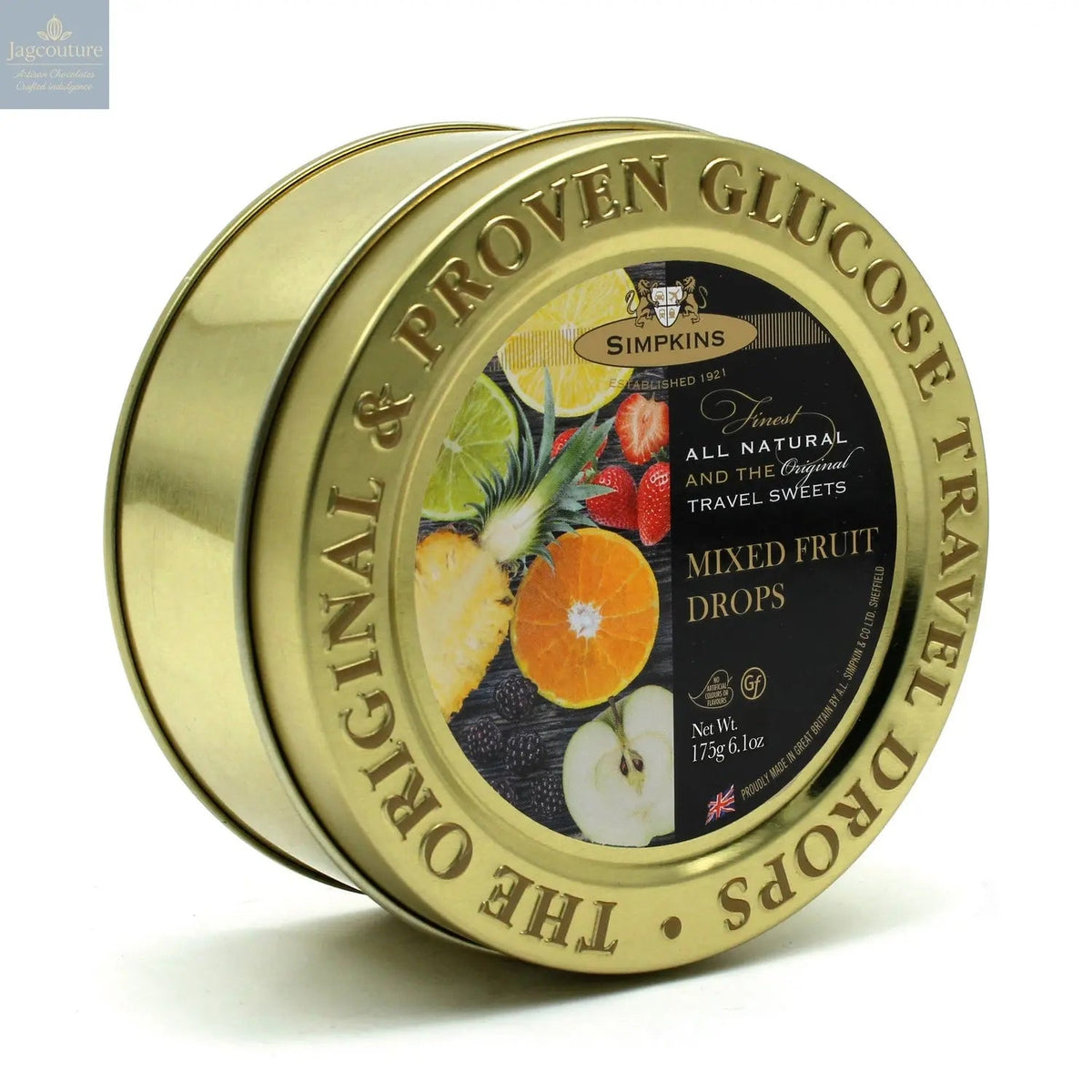 Gold embossed tin of mixed fruit flavour travel sweets