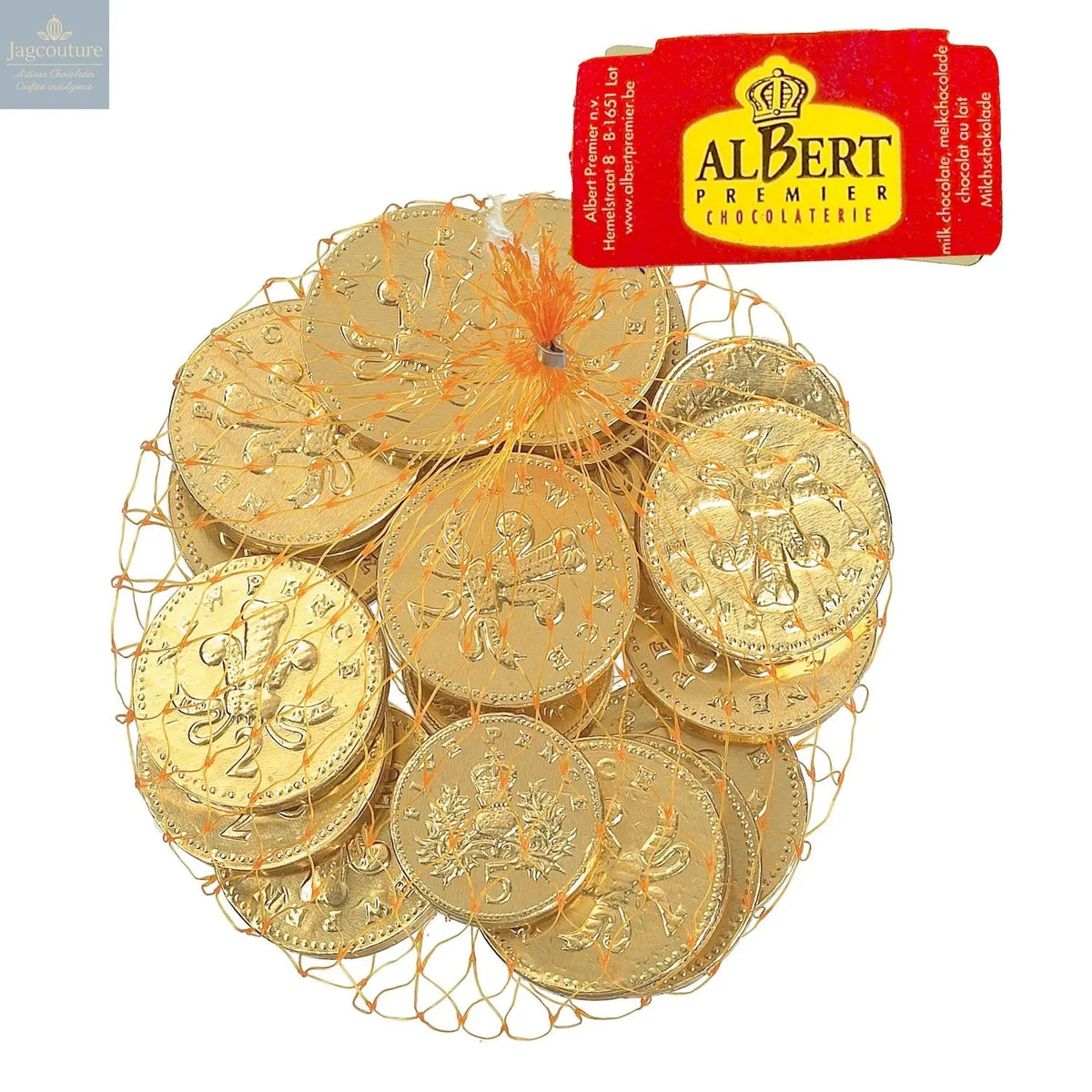 Gold foiled UK milk chocolate coins in net