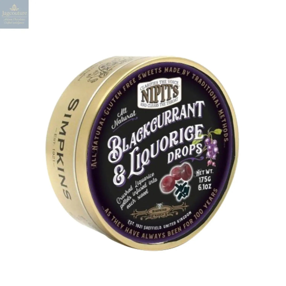 Gold tin of blackcurrant & liquorice flavour Nipit travel sweets