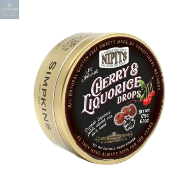 Gold tin of cherry & liquorice flavour Nipit travel sweets