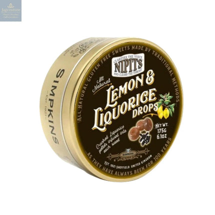 Gold tin of lemon & liquorice flavour Nipit travel sweets