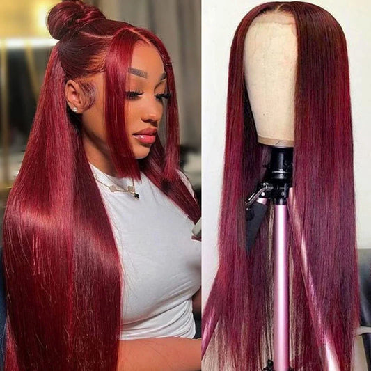 African Brazilian Hair Wig Wine Red Straight Hair Medium Part 13 x 4 Front Lace 12-32 Inches