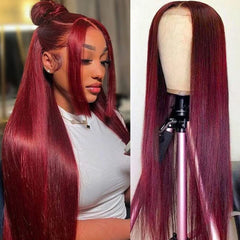 African Brazilian Hair Wig Wine Red Straight Hair Medium Part 13 x 4 Front Lace 12-32 Inches