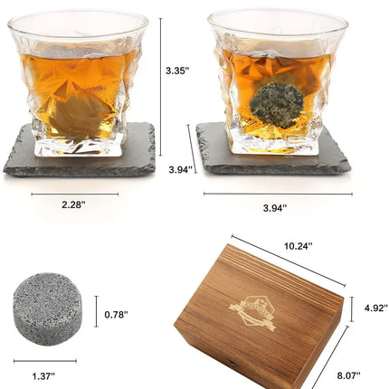 Whiskey Stones & Glasses Set, Granite Ice Cube For Whisky, Whisky Chilling Rocks In Wooden Box, Best Gift For Dad Husband Men