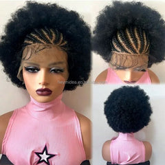 13x4 Lace Front Afro Short Curly Wig Human Hair Precolored Front Braided Afro Curly Human Hair Wig Brazilian Bouncy Curly Hair
