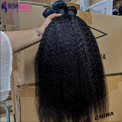 Kinky Straight Human Hair Weave Bundles Deal Raw Virgin Hair Double Weft Yaki Straight Hair Extensions With Closure Frontal