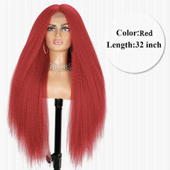 32-Inch Middle Center Part Hair Wig Yaki Kinky Straight Afro Synthetic Fiber Glueless Machine-Made Wigs Women