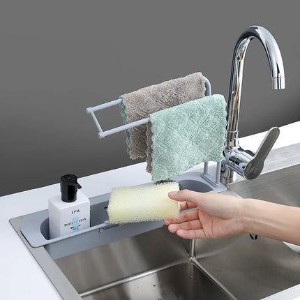 Telescopic Sink Shelf Kitchen Self Draining Rack Soap Sponge Storage Basket Holder Rag Towel Bar Household Supplies