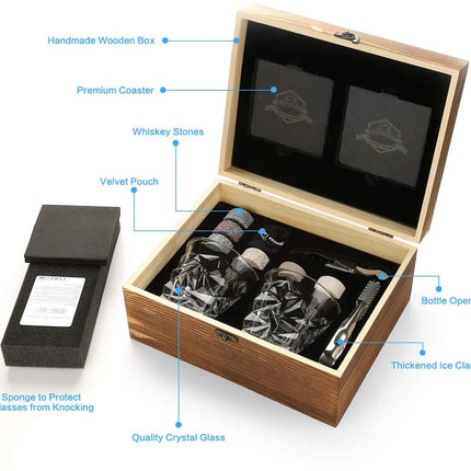 Whiskey Stones & Glasses Set, Granite Ice Cube For Whisky, Whisky Chilling Rocks In Wooden Box, Best Gift For Dad Husband Men