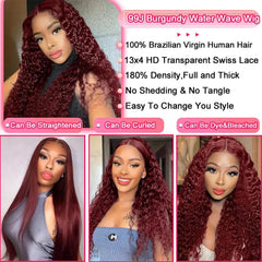99j Burgundy Red Wine 13x4 Full Frontal Lace Preplucked Colored Human Hair Wig HD Transparent Lace Front Hair Wigs