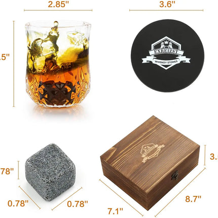 Whiskey Stones & Glasses Set, Granite Ice Cube For Whisky, Whisky Chilling Rocks In Wooden Box, Best Gift For Dad Husband Men