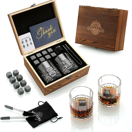 Whiskey Stones & Glasses Set, Granite Ice Cube For Whisky, Whisky Chilling Rocks In Wooden Box, Best Gift For Dad Husband Men