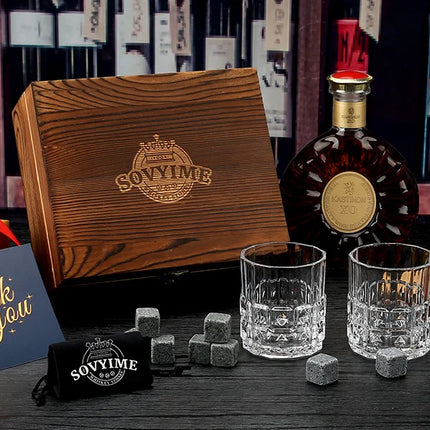 Whiskey Stones & Glasses Set, Granite Ice Cube For Whisky, Whisky Chilling Rocks In Wooden Box, Best Gift For Dad Husband Men