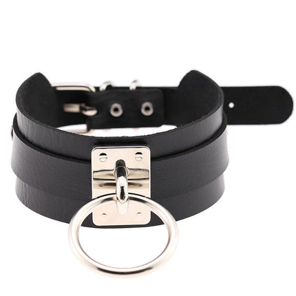 European and American Harajuku PU Leather Silver Single Ring Collar Wide Street-Snap Nightclub O-shaped Choker Necklace, Silver Ring