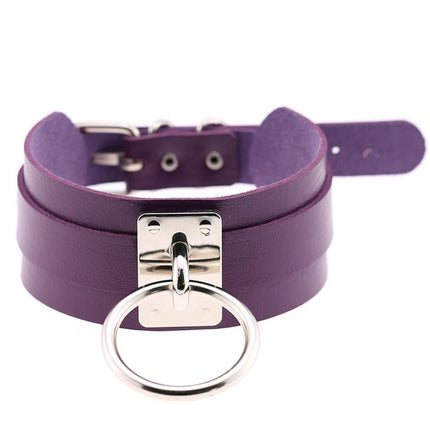European and American Harajuku PU Leather Silver Single Ring Collar Wide Street-Snap Nightclub O-shaped Choker Necklace, Silver Ring