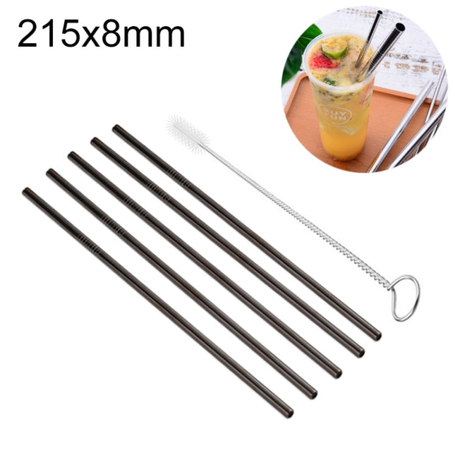 5pcs Reusable Stainless Steel Straight Drinking Straw + Cleaner Brush Set Kit,  215*8mm, 215*8mm (Straight)