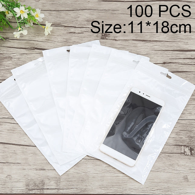 100 PCS 11cm x 18cm Hang Hole Clear Front White Pearl Jewelry Zip Lock Packaging Bag, Custom Printing and Size are welcome, 11*18cm