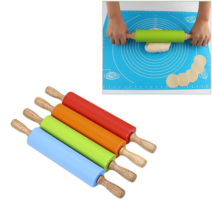 kn055 Solid Wooden Handle Silicone Rolling Pin Non-stick Food Dumpling Stick, Length: 29cm, Random Color Delivery