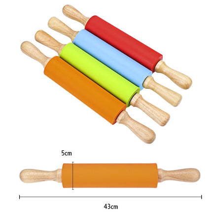 kn055 Solid Wooden Handle Silicone Rolling Pin Non-stick Food Dumpling Stick, Length: 43cm, Random Color Delivery