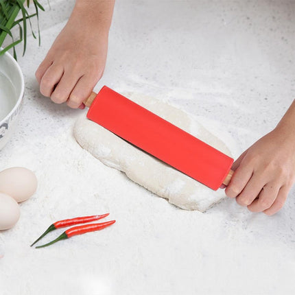 kn055 Solid Wooden Handle Silicone Rolling Pin Non-stick Food Dumpling Stick, Length: 43cm, Random Color Delivery