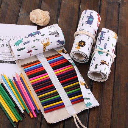 36 Slots Cartoon Animal Print Pen Bag Canvas Pencil Wrap Curtain Roll Up Pencil Case Stationery Pouch, 36 Slots